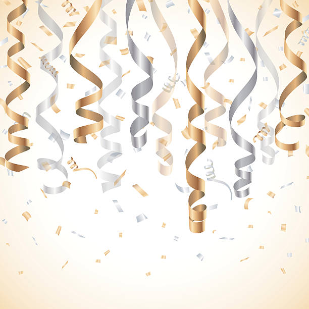 紙吹雪の背景を持つ金と銀のストリーマー - streamer ribbon party celebration点のイラスト素材／クリップアート素材／マンガ素材／アイコン素材
