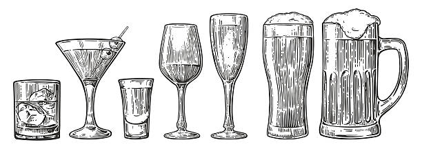 Set glass beer, whiskey, wine, tequila, cognac, champagne, cocktails Vector engraved vintage illustration isolated on white background.
