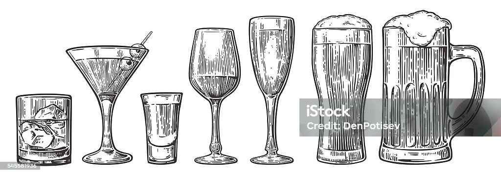 Set glass beer, whiskey, wine, tequila, cognac, champagne, cocktails Set glass beer, whiskey, wine, tequila, cognac, champagne, cocktails Vector engraved vintage illustration isolated on white background. Engraved Image stock vector