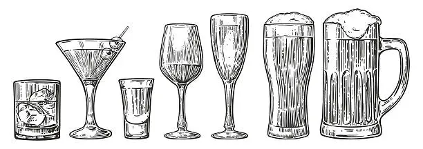 Vector illustration of Set glass beer, whiskey, wine, tequila, cognac, champagne, cocktails