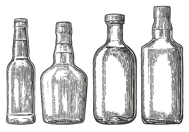 맥주, 위스키, 데킬라용 세트 병 - isolated on white bottle alcohol alcoholism stock illustrations