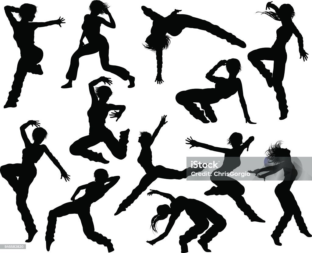 Street Dance Dancer Silhouettes A set of woman street dance hip hop dancer silhouettes Dancing stock vector