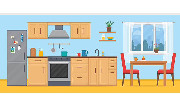 Kitchen with furniture set. Kitchen with furniture set. Cozy kitchen interior with table, cupboard and dishes. Flat style vector illustration. kitchen stock illustrations