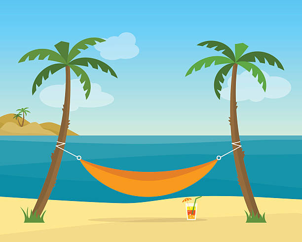 Hammock with palm trees on beach Hammock with palm trees on beach. Cocktail near the hammock. Tropical background with sea. Flat style vector illustration. hammock stock illustrations
