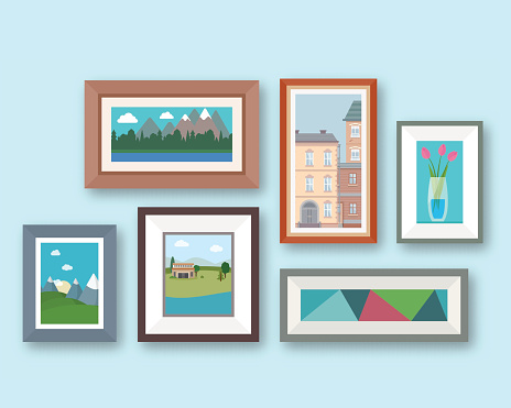 Pictures gallery in frame on room wall. Interior elements. Flat style vector illustration.