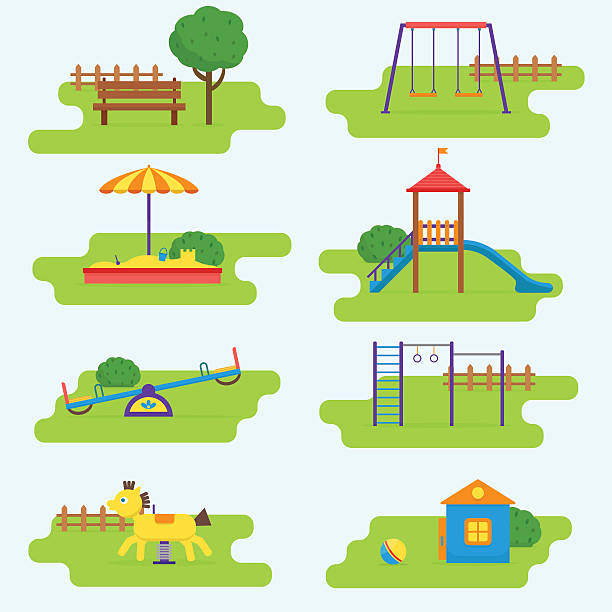 Kids playground set. Kids playground set. Icons with kids swings and objects. Flat style vector illustration. recess cartoon stock illustrations