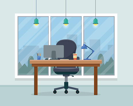 Workplace in office. Cabinet with workspace with table and computer with big window. Big boss office. Flat style vector illustration.
