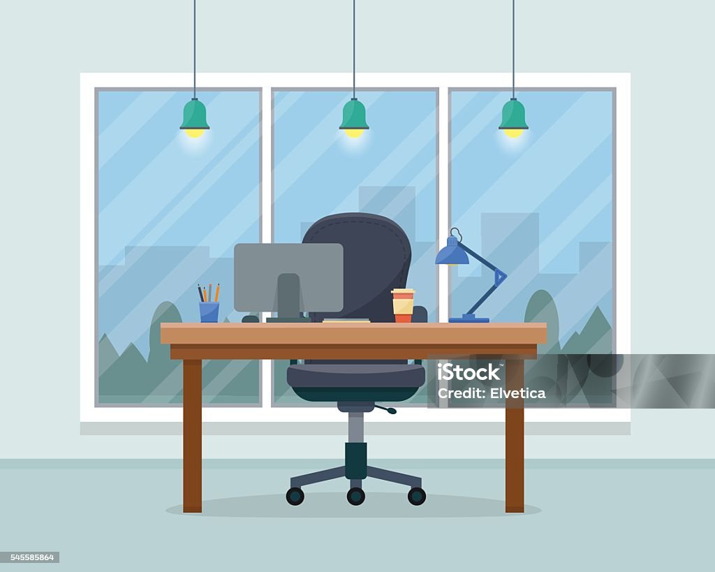 Workplace in office Workplace in office. Cabinet with workspace with table and computer with big window. Big boss office. Flat style vector illustration. Office stock vector
