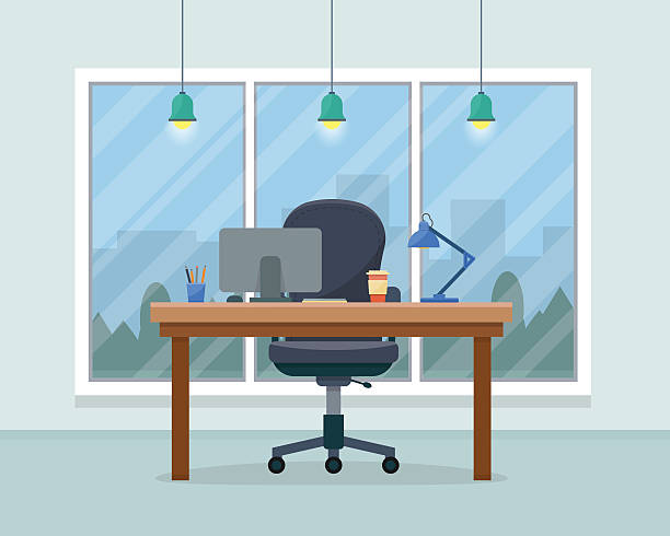 Workplace in office Workplace in office. Cabinet with workspace with table and computer with big window. Big boss office. Flat style vector illustration. desk stock illustrations