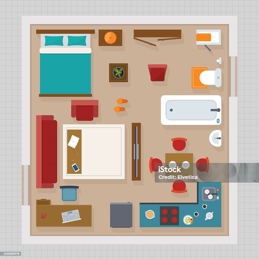 Detailed apartment furniture overhead top view Detailed apartment furniture overhead top view. Apartment room plan. Flat style vector illustration. High Angle View stock vector