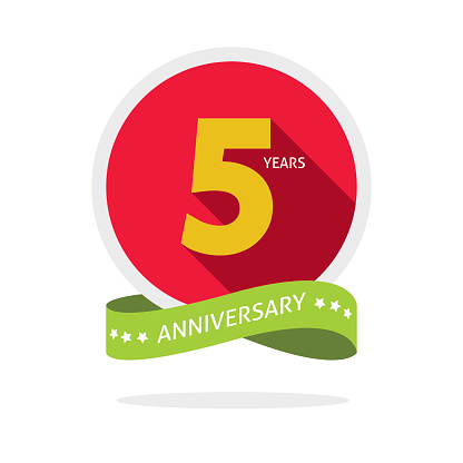 5th anniversary logo badge template with shadow number 5 five. 5 years birthday flat icon. Five years party symbol. Fifth anniversary vector , sticker, ribbon, banner, poster, logotype, emblem, tag