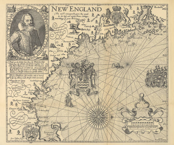 Explorer John Smith Map of New England, Circa 1624 Beautifully Illustrated Antique Engraved Victorian Illustration of Historical Map of New England from Explorer Captain John Smith, Circa 1624. Source: Forerunners and Competitors of the Pilgrims and Puritans, Published in 1899. Original edition from my own archives. Copyright has expired on this artwork. Digitally restored. knight person photos stock illustrations