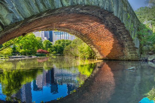 Gapstow Bridge arch reflected on the Central park pond, New York, NY