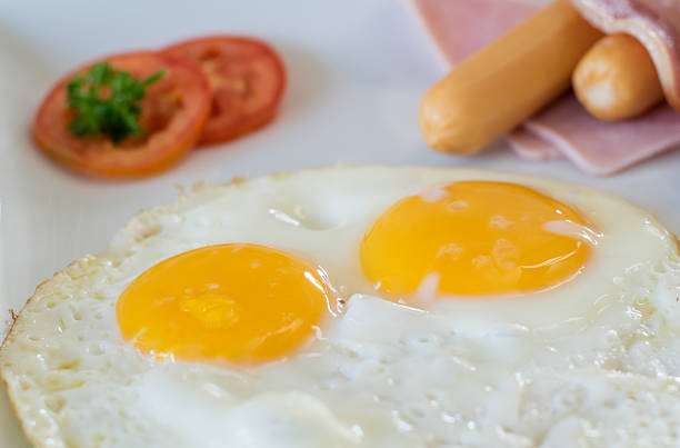 Fried eggs with bacon and hotdog, traditional breakfast Fried eggs with bacon and hotdog, traditional breakfast,selective focus sandwich new hampshire stock pictures, royalty-free photos & images