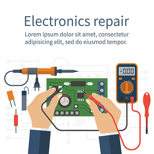 illustrazioni stock, clip art, cartoni animati e icone di tendenza di riparazione elettronica. controllo del tester - soldering iron illustrations