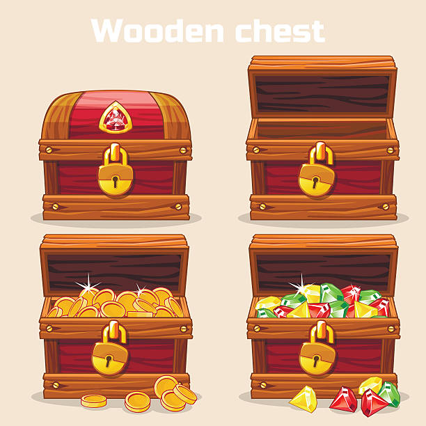Opened and closed chest with coins diamonds Opened and closed antique treasure chest. Vector illustration. pirate criminal illustrations stock illustrations