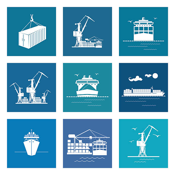 ilustrações de stock, clip art, desenhos animados e ícones de set of marine cargo icons - coal crane transportation cargo container