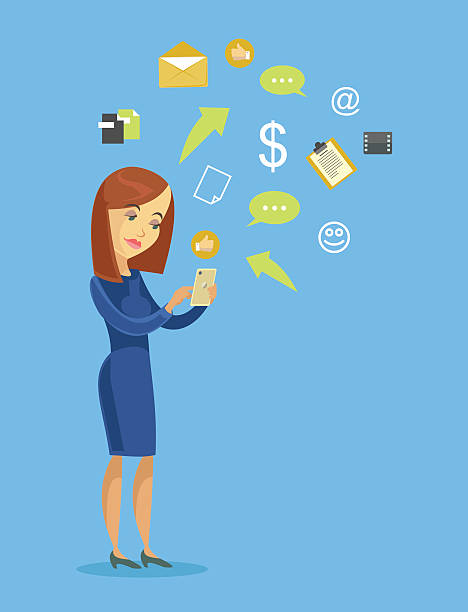 istock Business woman with smart phone. Vector flat cartoon illustration 545634318