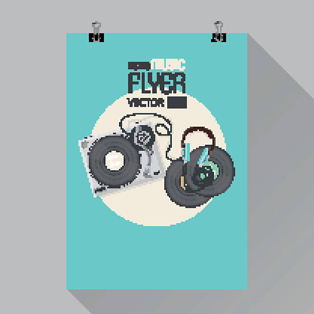 vektor retro musik flyer design. plattenspieler mit kopfhörer. - paper clip audio stock-grafiken, -clipart, -cartoons und -symbole