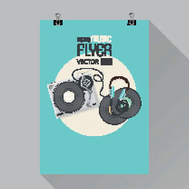 Vector illustration of Vector Retro Music Flyer Design. Turntable with headphone.