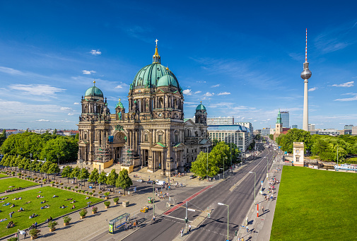 Berlin Cathedral with TV tower in summer, Berlin, Germany