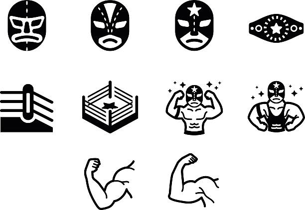 Wrestler Fighter Vector Icon Set match, competition, sport, arena, face, vector, illustration, man, cartoon, american, strong, arm, culture, extreme, fit, workout, muscular, ring, icon, fight, mexican, mexico, muscle, mask, fighter, stage, costume, battle, championship, wrestling, lucha, bodybuilding, triceps, bicep, luchador, bodybuilder, libre, wrestler, champion belt wrestling stock illustrations