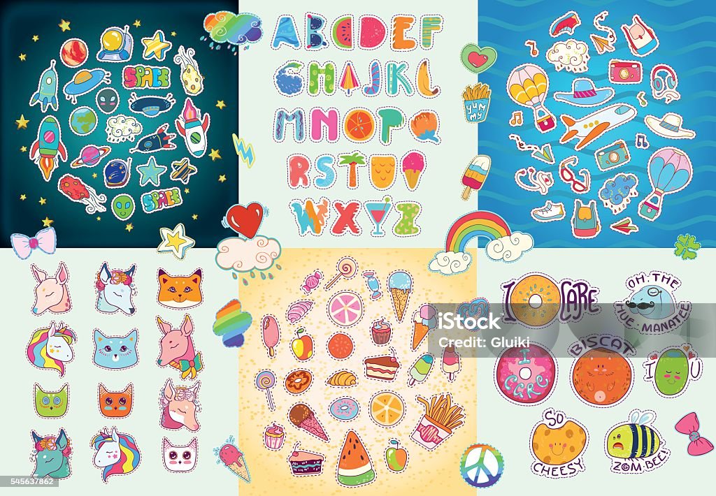 Happy Big patches set, colorful collection. Happy Big patches set, colorful collection with hearts, stars, rainbow, tasty food, traveling and space stickers, summer Alphabet, decorative elements... Hand drawn vector Illustration, retro style. Child stock vector