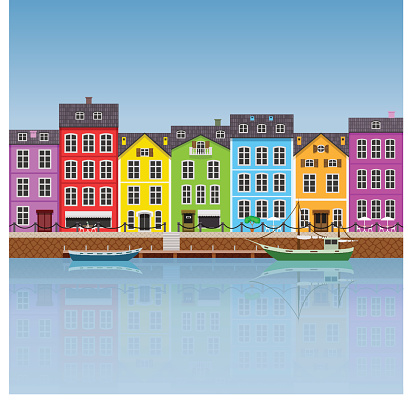Vector illustration of beautiful colorful buildings and boats on the water.