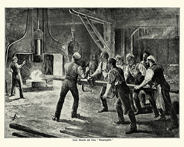 illustrazioni stock, clip art, cartoni animati e icone di tendenza di lavoratori della acciaieria vittoriana che usano il martello a vapore - industrial age