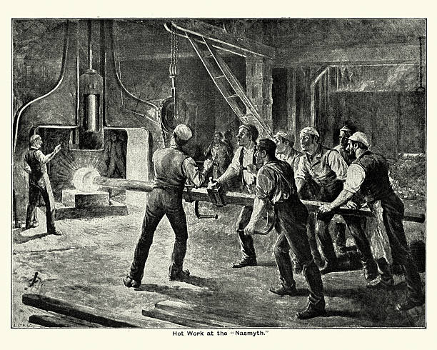 Vintage engraving of Victorian Steel mill workers using the steam hammer, England, 1894