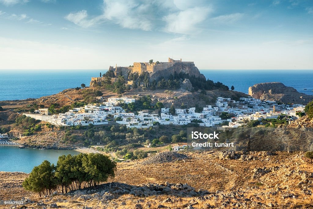 Lindos, Rhodes, Greece Lindos is a town and a former municipality on the island of Rhodes, in the Dodecanese, Greece. Rhodes - Dodecanese Islands Stock Photo