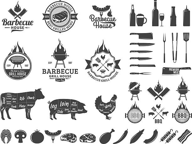 ilustraciones, imágenes clip art, dibujos animados e iconos de stock de conjunto de etiquetas e iconos de barbacoa vectorial - barbecue grill illustrations