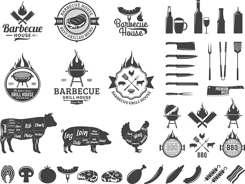 Barbecue labels. BBQ, meat, vegetables, beer, wine and equipment icons for cafe, bar and restaurant menu, branding and identity.