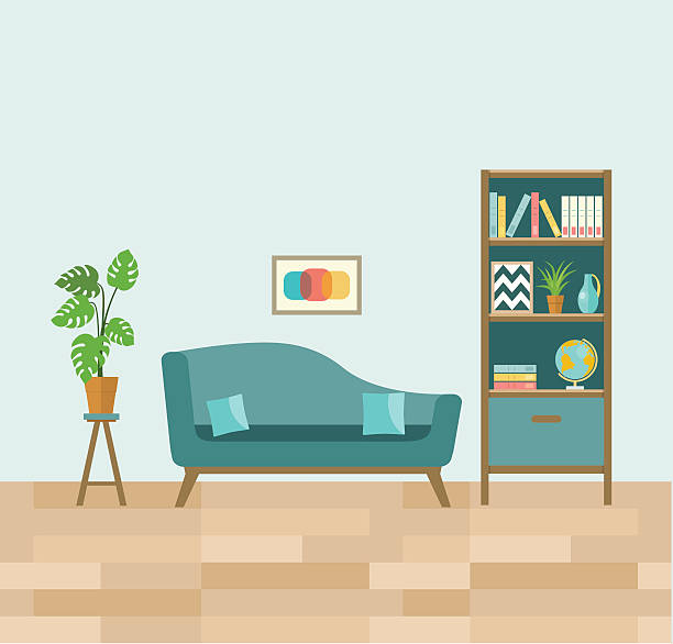 illustrazioni stock, clip art, cartoni animati e icone di tendenza di soggiorno con divano e scaffali per libri. illustrazione vettoriale piatta. - living room