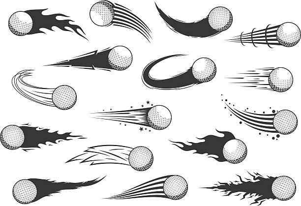 Vector golf balls with motion trails Vector black and white flying golf balls with motion trails isolated on white ball of fire stock illustrations