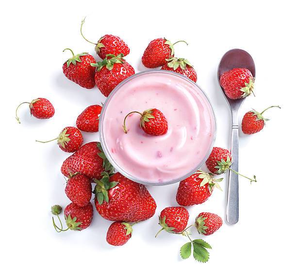 Yogurt with fresh strawberry stock photo