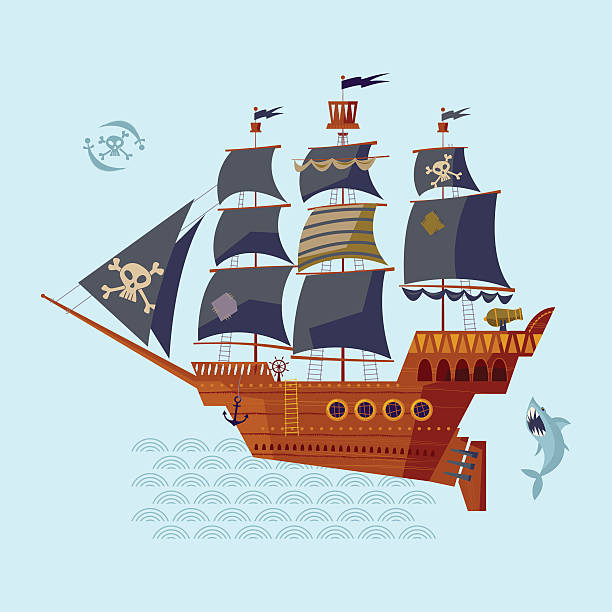 illustrazioni stock, clip art, cartoni animati e icone di tendenza di nave pirata. collezione nautica. - caravel nautical vessel sailing ship passenger ship