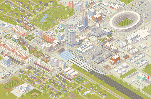 Isometric city vector illustration shows detailed suburbs, downtown, industrial area, and residential neighborhoods. Hundreds of buildings are illustrated in different styles, serving cultural, government, commercial, industrial, and residential needs. A railroad terminal leads into the city center, and a sports stadium has been built nearby. Trees, parks, cars and trucks complete this detailed cityscape, shown in aerial view.