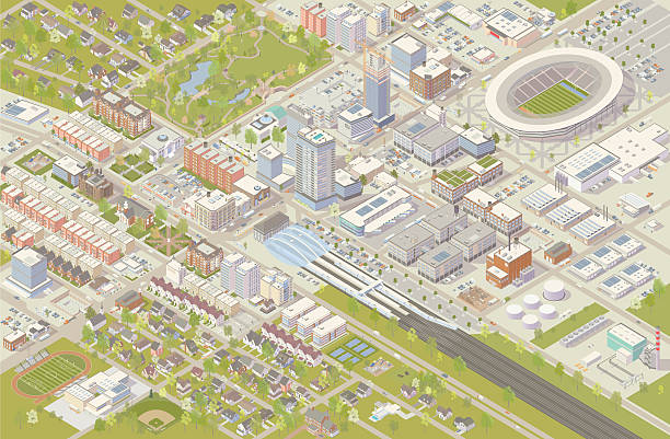 Isometric City Isometric city vector illustration shows detailed suburbs, downtown, industrial area, and residential neighborhoods. Hundreds of buildings are illustrated in different styles, serving cultural, government, commercial, industrial, and residential needs. A railroad terminal leads into the city center, and a sports stadium has been built nearby. Trees, parks, cars and trucks complete this detailed cityscape, shown in aerial view. 3d city street stock illustrations