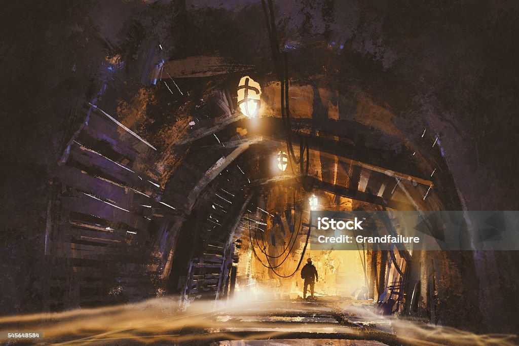 inside of the mine shaft with fog inside of the mine shaft with fog,illustration,digital painting Mining - Natural Resources stock illustration