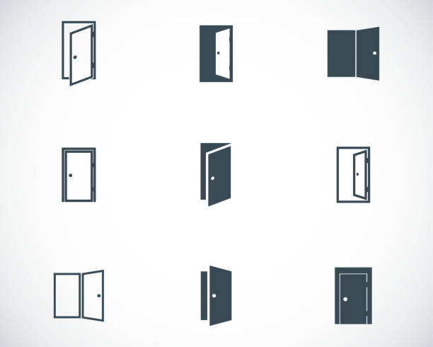 ilustrações de stock, clip art, desenhos animados e ícones de vector preto de conjunto de ícones de porta - open door