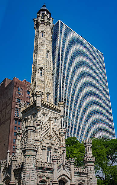 Water Tower District, Chicago, IL The Old Chicago Water Tower District on North Michigan Avenue along the Magnificent Mile water tower chicago landmark stock pictures, royalty-free photos & images