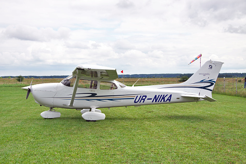 Zhitomir, Ukraine - July 31, 2011: Cessna 172 Skyhawk parked on the grass airfield
