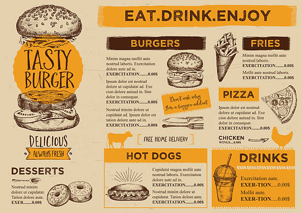 restaurant und café-menü-vorlage-design. - burger stock-grafiken, -clipart, -cartoons und -symbole