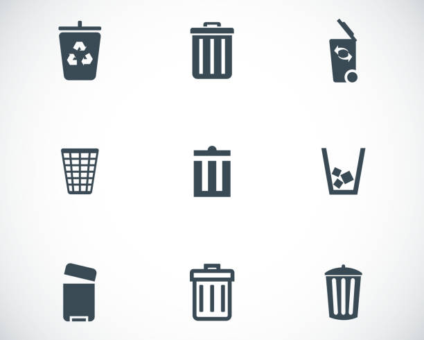 векторные иконки набор черный мусорный может - garbage can stock illustrations