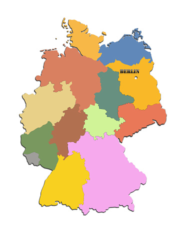 Coloured silhouette of the map of Germany with regions