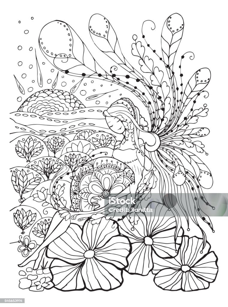 Adult coloring book page with Pregnant lady.Pregnancy in doodle style Adult coloring book page with Pregnant lady.Pregnancy in doodle style art.Black and white Coloring stock vector