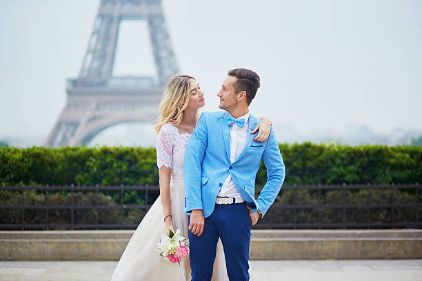 istock Just married couple near the Eiffel tower in Paris 545656860