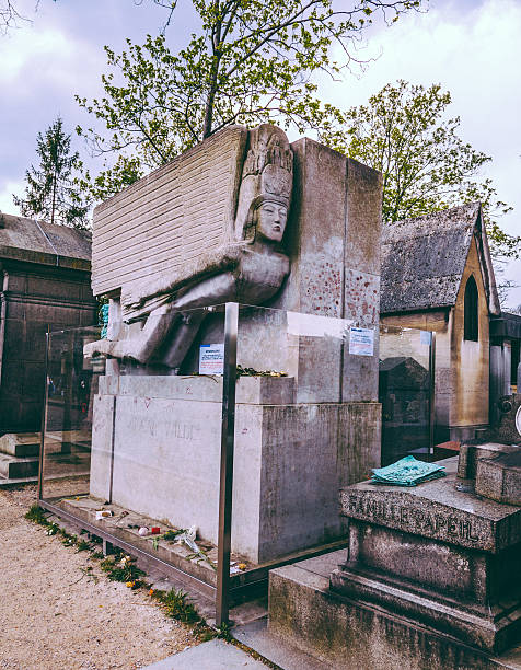 Oscar Wilde's Tomb in Paris, France Paris, France - April 27, 2016: Grave of Oscar Wilde in the Pere Lachaise cemetery in Paris France. The glass fence is there to prevent the people from kissing the tomb. oscar wilde stock pictures, royalty-free photos & images