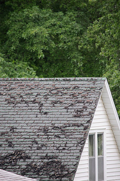 Damaged Roof Shingles A badly damaged roof with missing shingles in need of repair missing shingles stock pictures, royalty-free photos & images